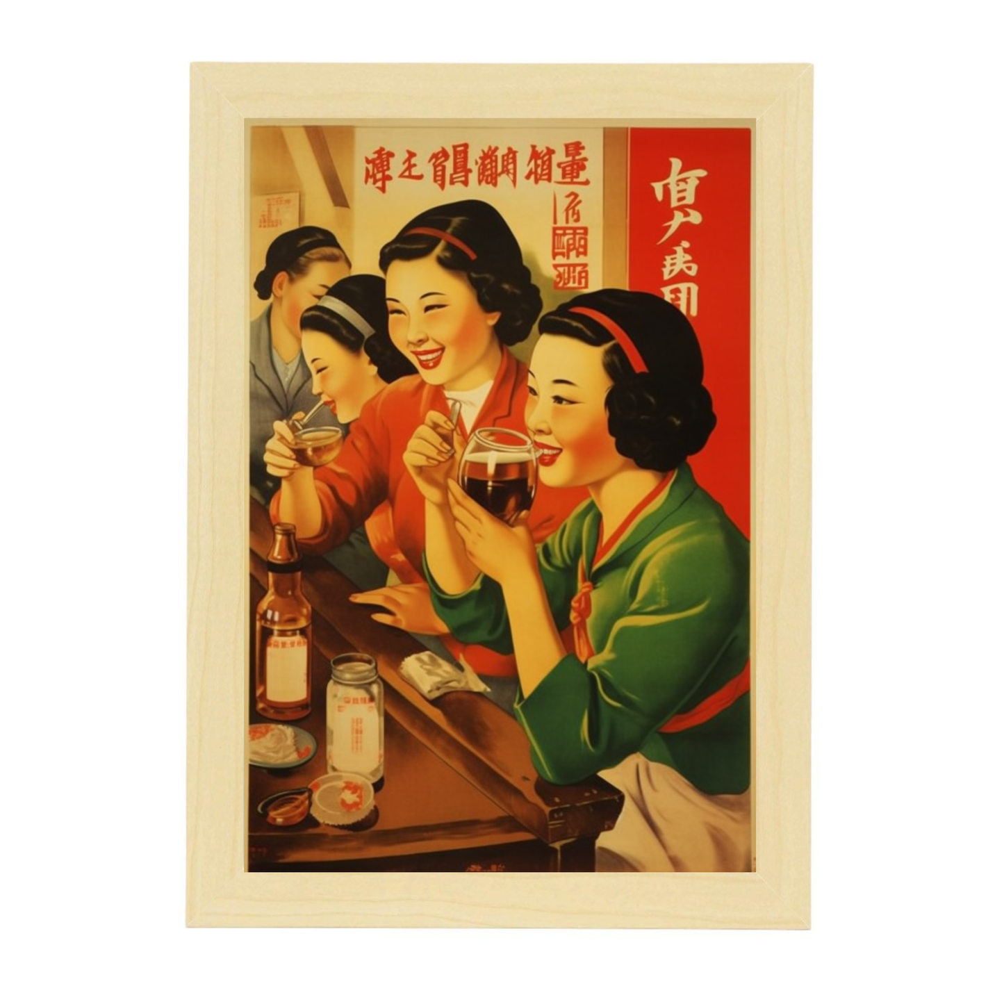 Póster de Propaganda China con Chicas en Bar