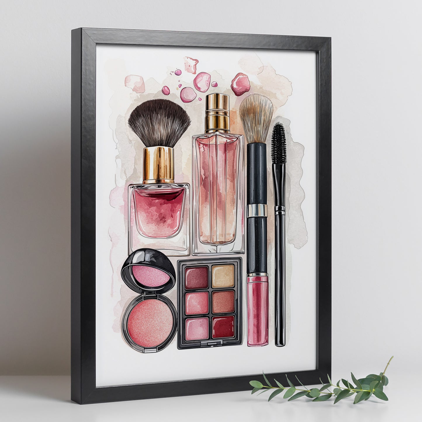 Set de 2 Cuadros de Maquillaje y Cosmética con Flores Rosas, Ilustración impresa para decorar las paredes del WC, Tocador, Baño, Vestidor, Salón