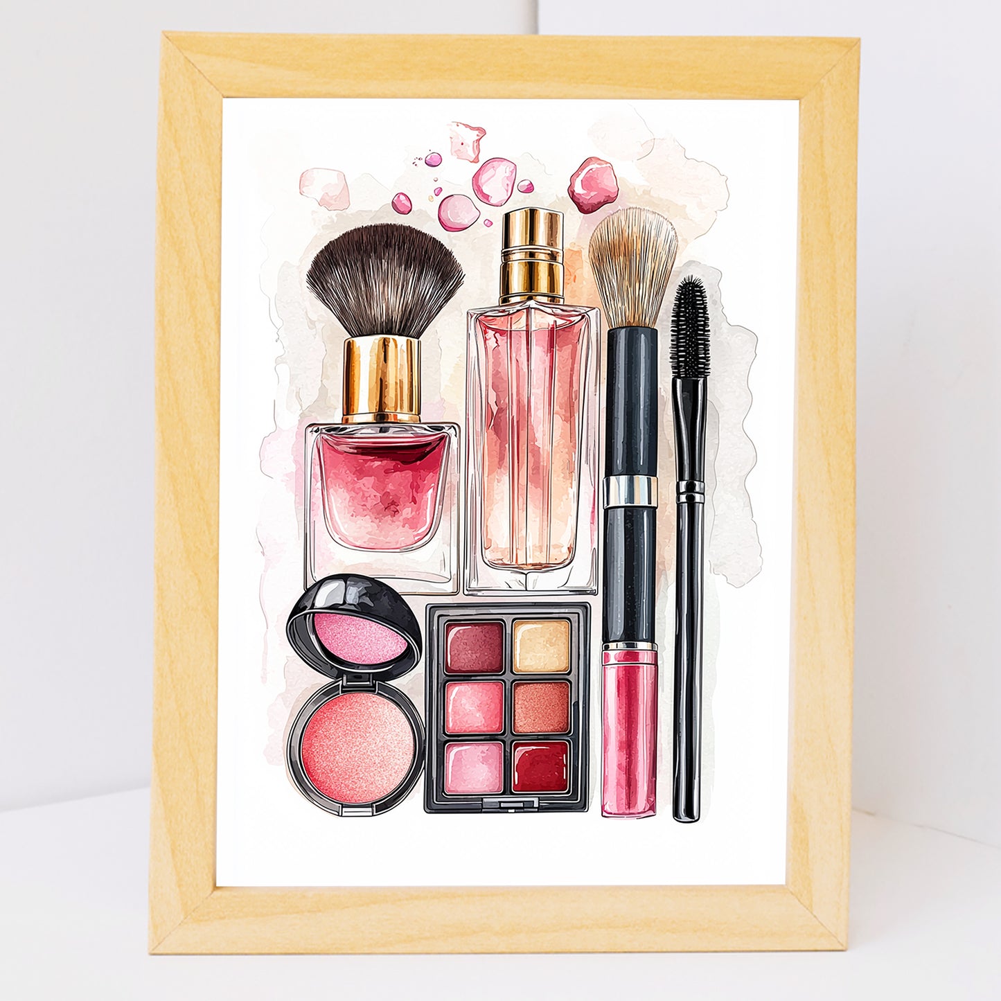 Set de 2 Cuadros de Maquillaje y Cosmética con Flores Rosas, Ilustración impresa para decorar las paredes del WC, Tocador, Baño, Vestidor, Salón