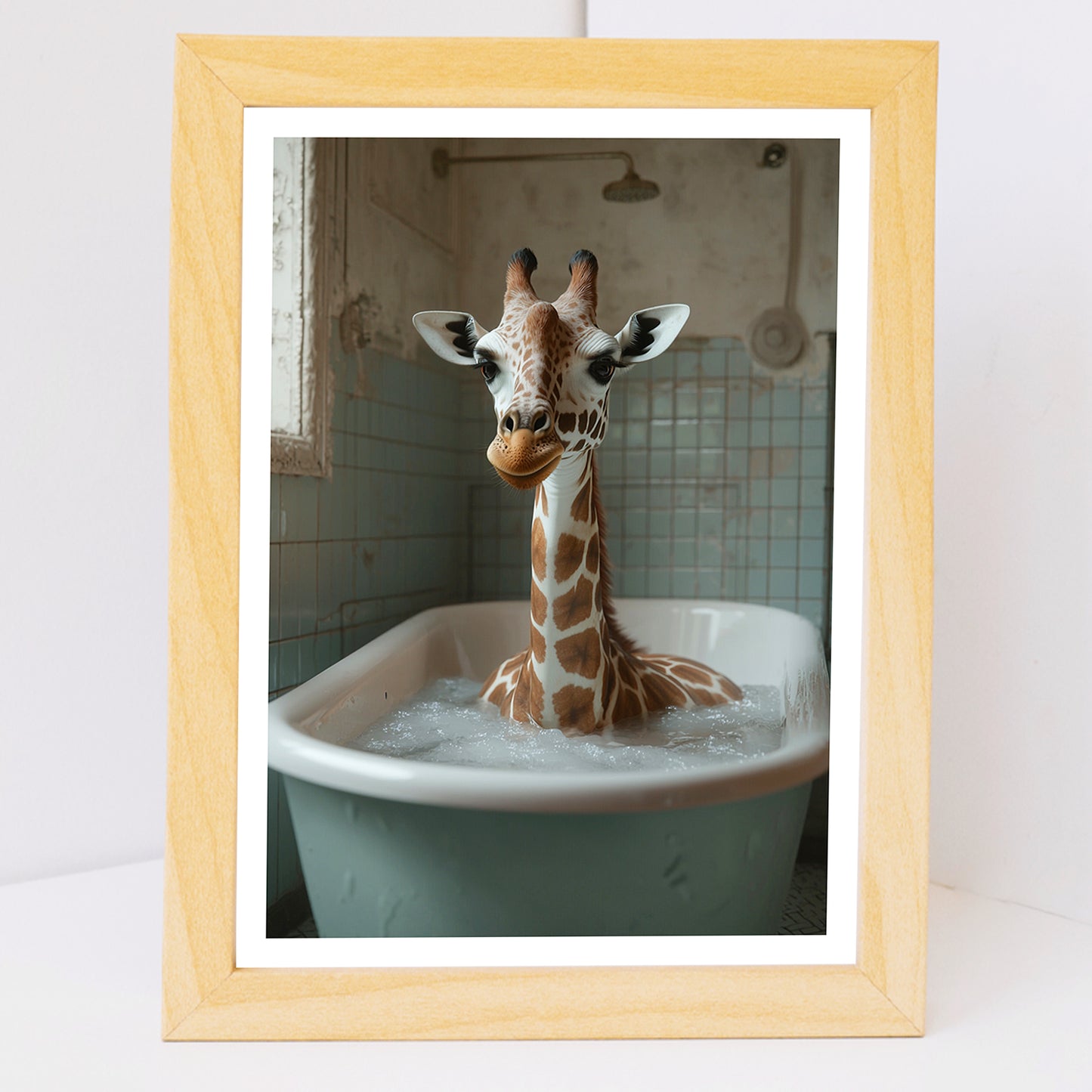 Set de 3 Cuadros Divertidos Animales en la Bañera, Simpático Elefante, Jirafa, Llama Póster con ilustración impresa en estilo fotográfico para decorar las paredes del Inodoro, Ducha, Cuarto de baño, WC