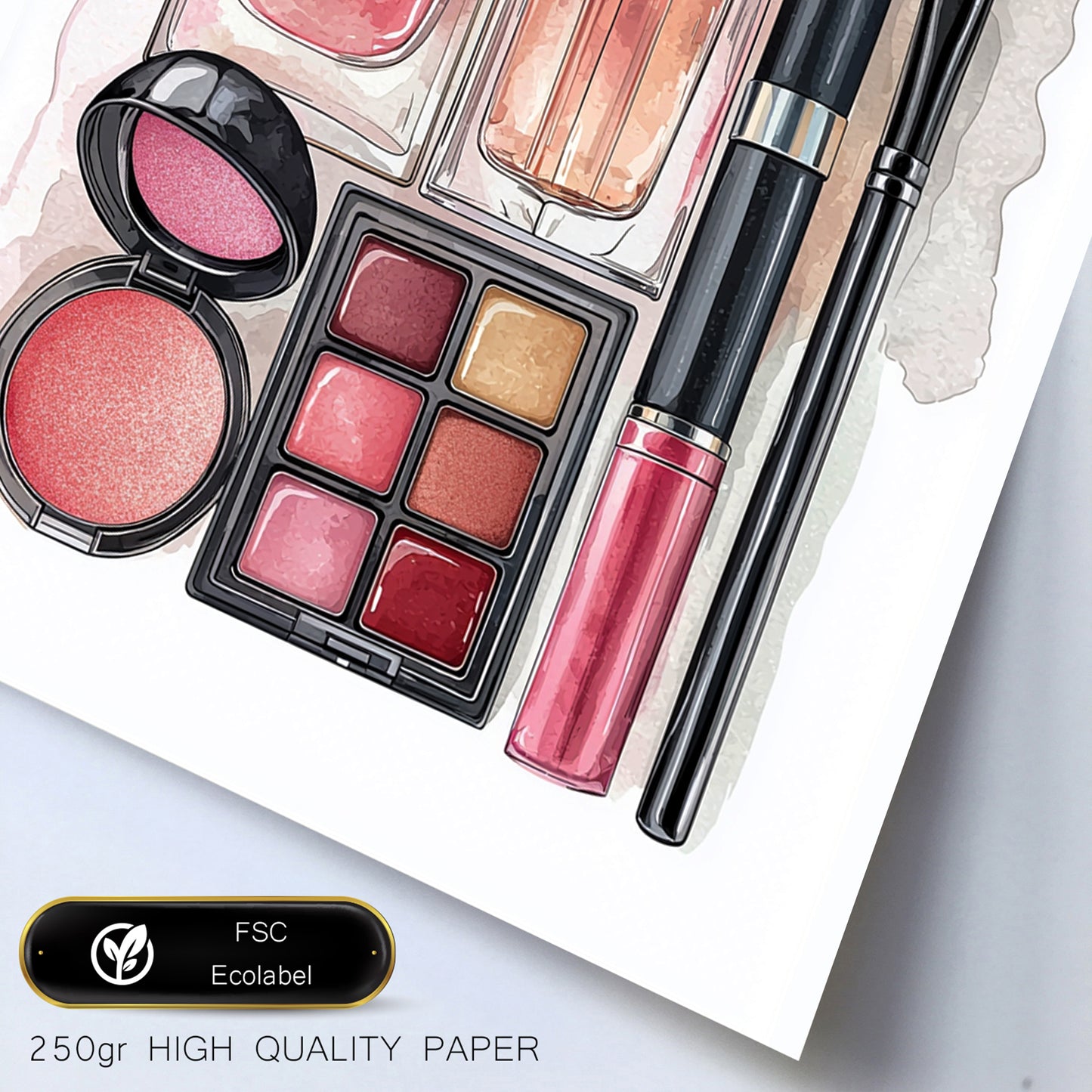 Set de 2 Cuadros de Maquillaje y Cosmética con Flores Rosas, Ilustración impresa para decorar las paredes del WC, Tocador, Baño, Vestidor, Salón