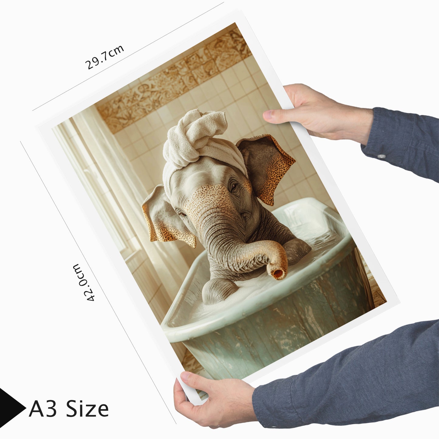 Set de 3 Cuadros de Bebé Elefante Bañandose con Lindos Animales Coloridos, Ilustración para Decorar, Wallart para Inodoro, Ducha, Baño, Aseo, WC