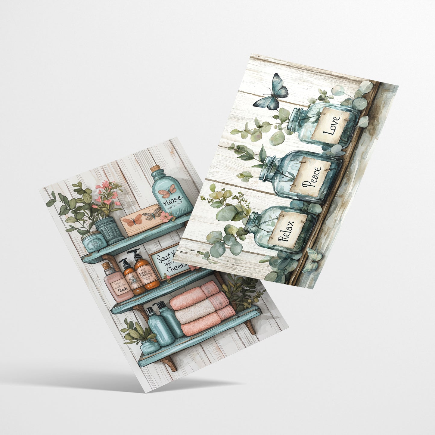 Set de 2 Cuadros de Inodoro con Encanto Impresión Ilustración de Vibraciones Positivas en Estilo Acuarela para Decorar las Paredes del Baño, Ducha, Lavabo, WC
