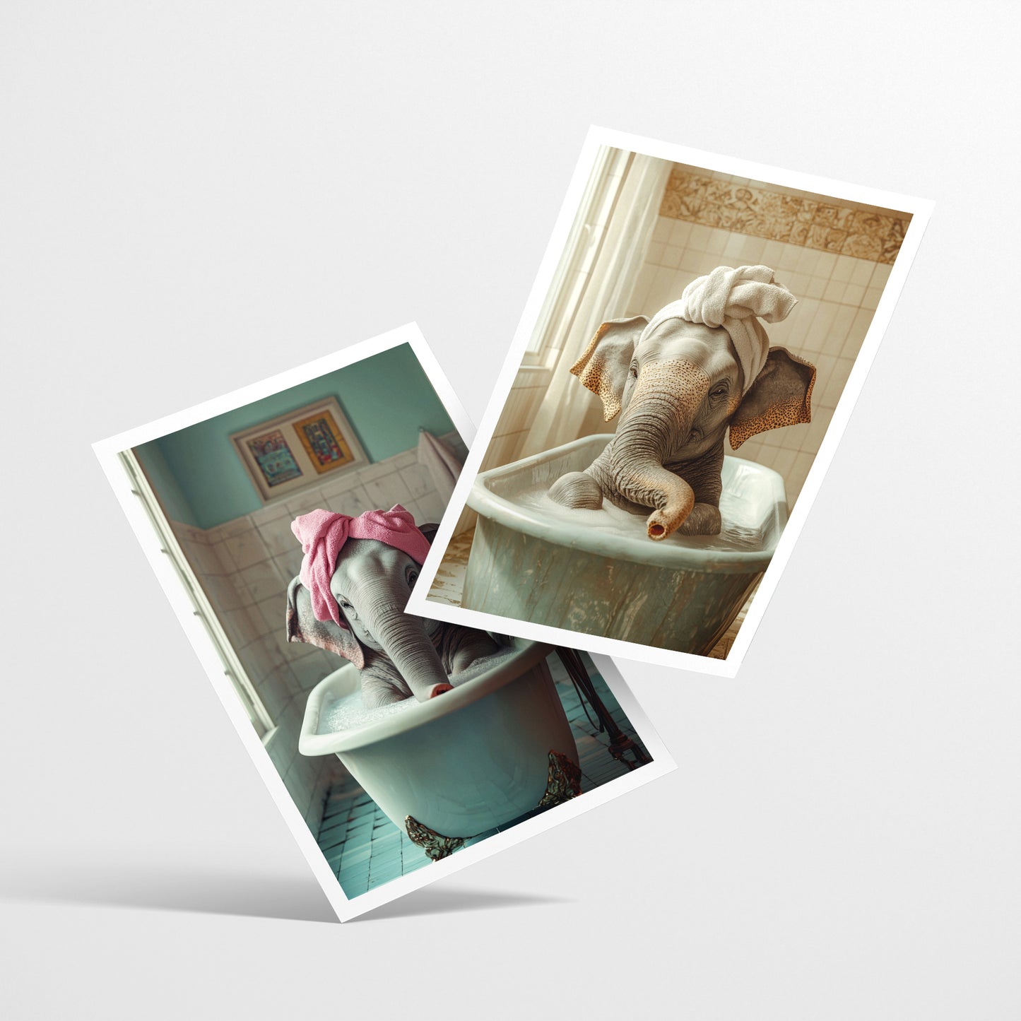 Set de 3 Cuadros de Bebé Elefante Bañandose con Lindos Animales Coloridos, Ilustración para Decorar, Wallart para Inodoro, Ducha, Baño, Aseo, WC