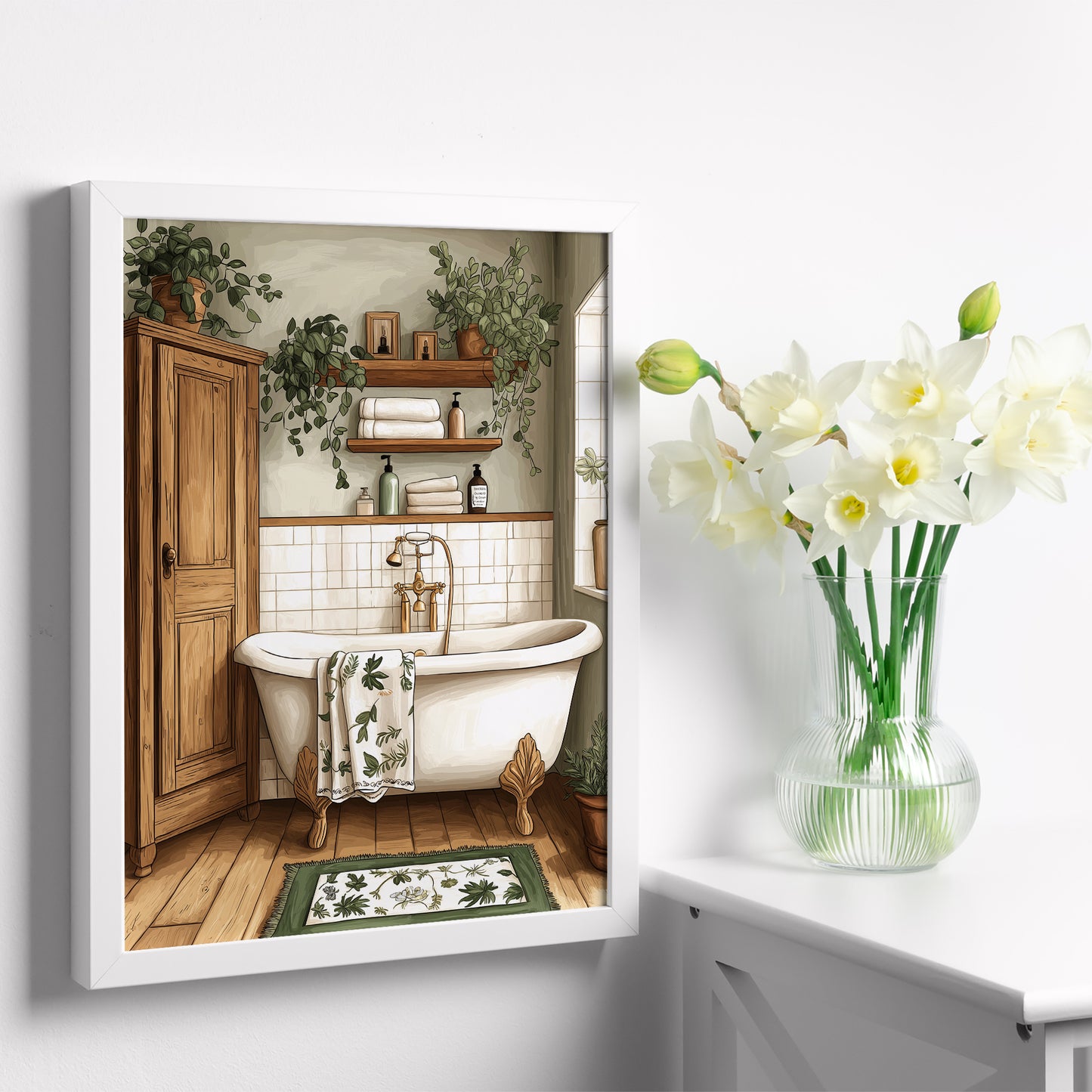Set de 2 Cuadros de Baño Rústicos con Ilustración Impresa en Estilo Pintura al Óleo Vintage para Decorar, Arte de Pared para Inodoro, Ducha, Baño, WC de Casa de Granja