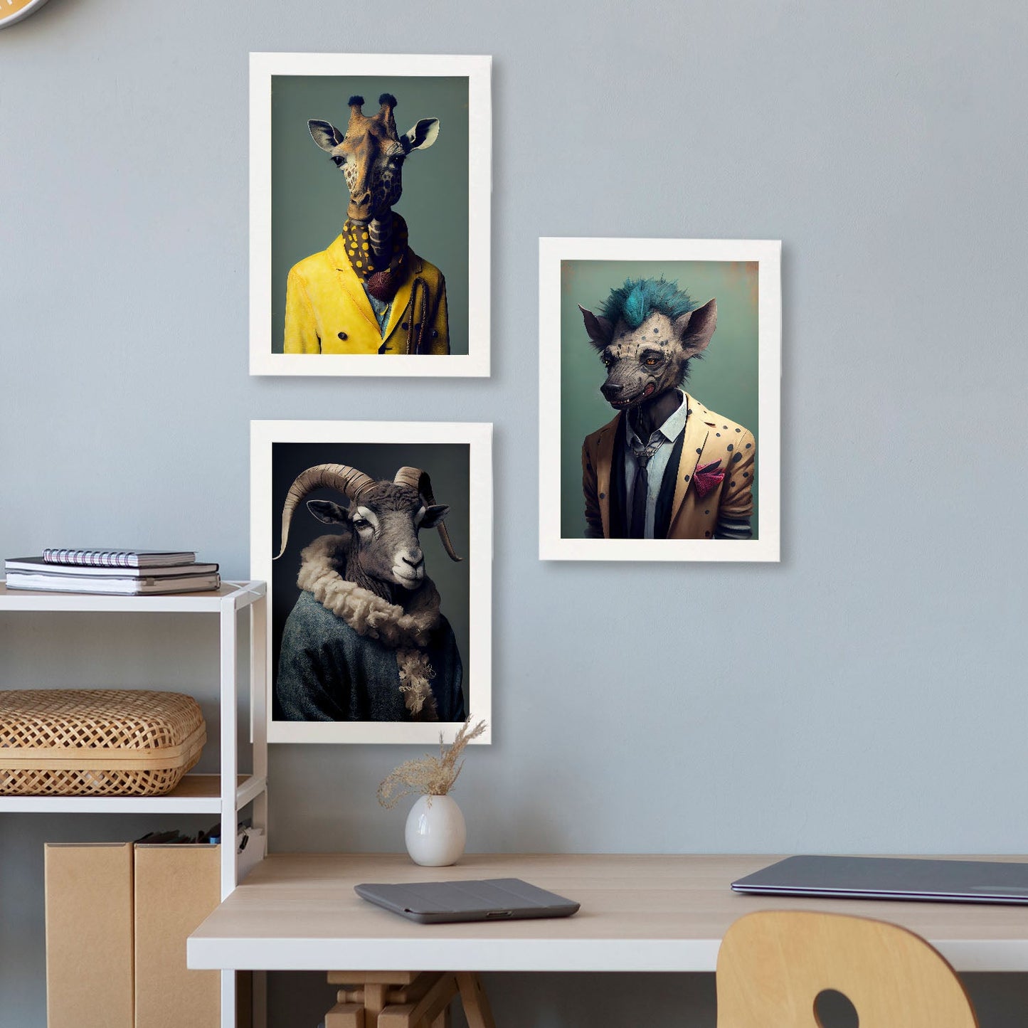 Animal humano nacnico Birdorn Giraffe Hyena. Estampados de arte de pared estético para el diseño de dormitorio o sala de estar-Artwork-Nacnic-Nacnic Estudio SL