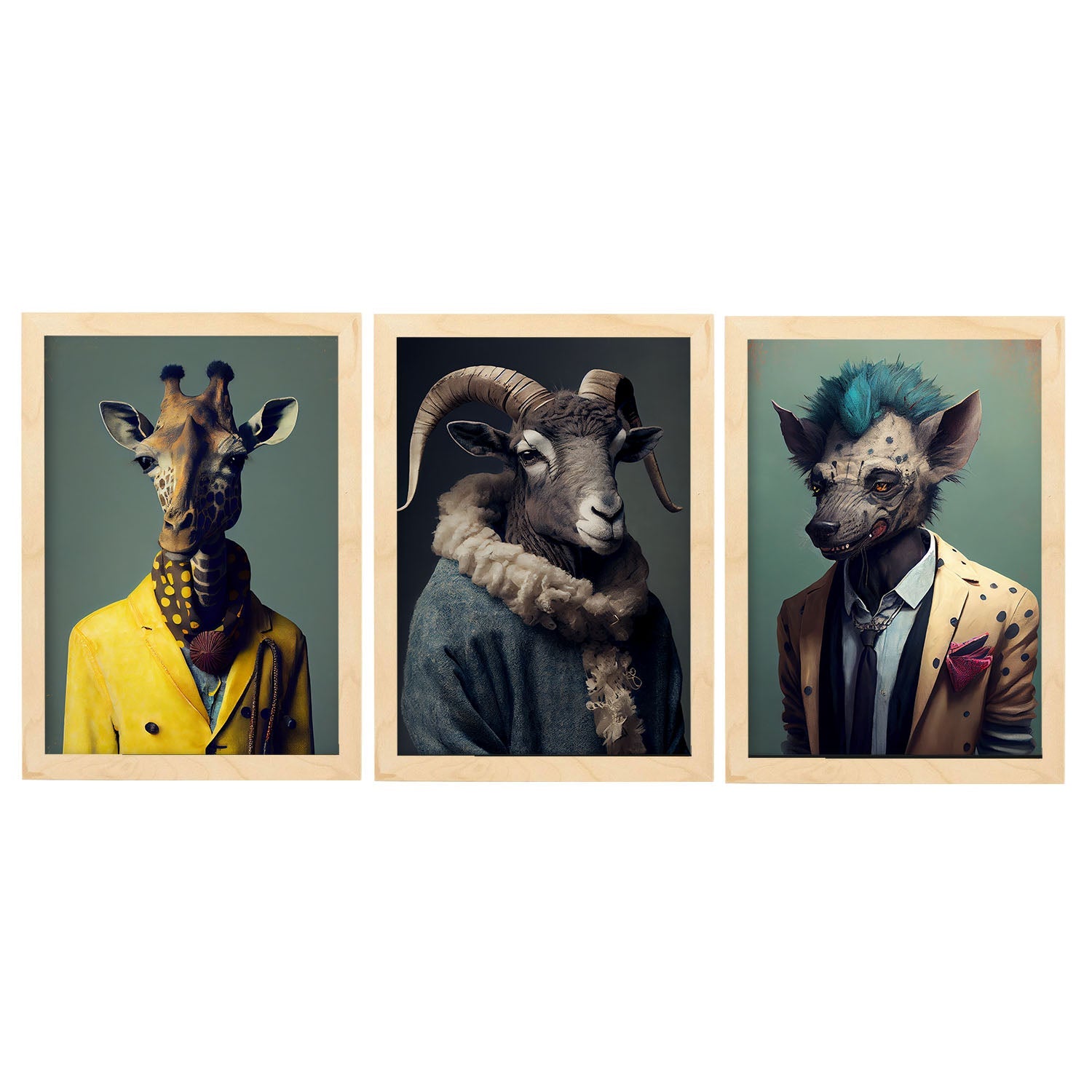 Animal humano nacnico Birdorn Giraffe Hyena. Estampados de arte de pared estético para el diseño de dormitorio o sala de estar-Artwork-Nacnic-A4-Marco Madera clara-Nacnic Estudio SL