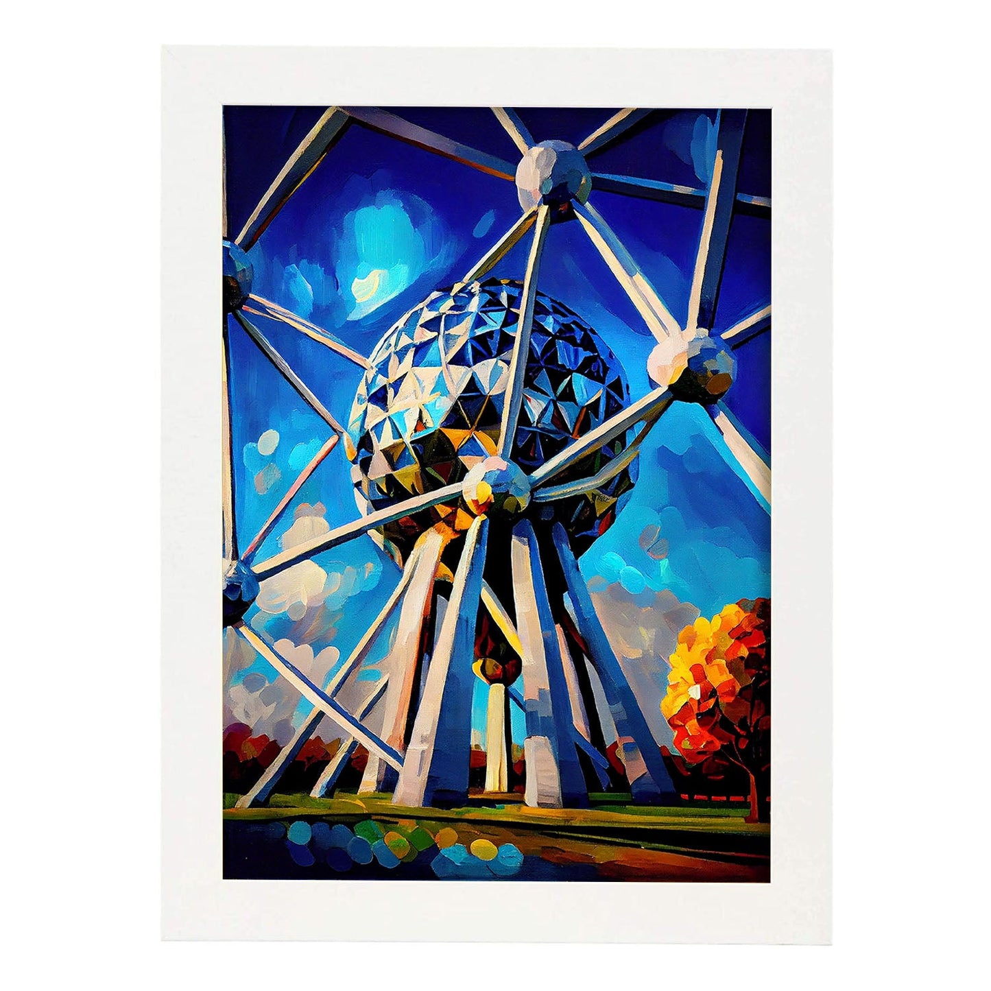 Atomium nácnico Bruselas Bélgica pincel de pintura al óleo. Estampados de arte de pared estético para el diseño de dormitorio o sala de estar.-Artwork-Nacnic-A4-Marco Blanco-Nacnic Estudio SL