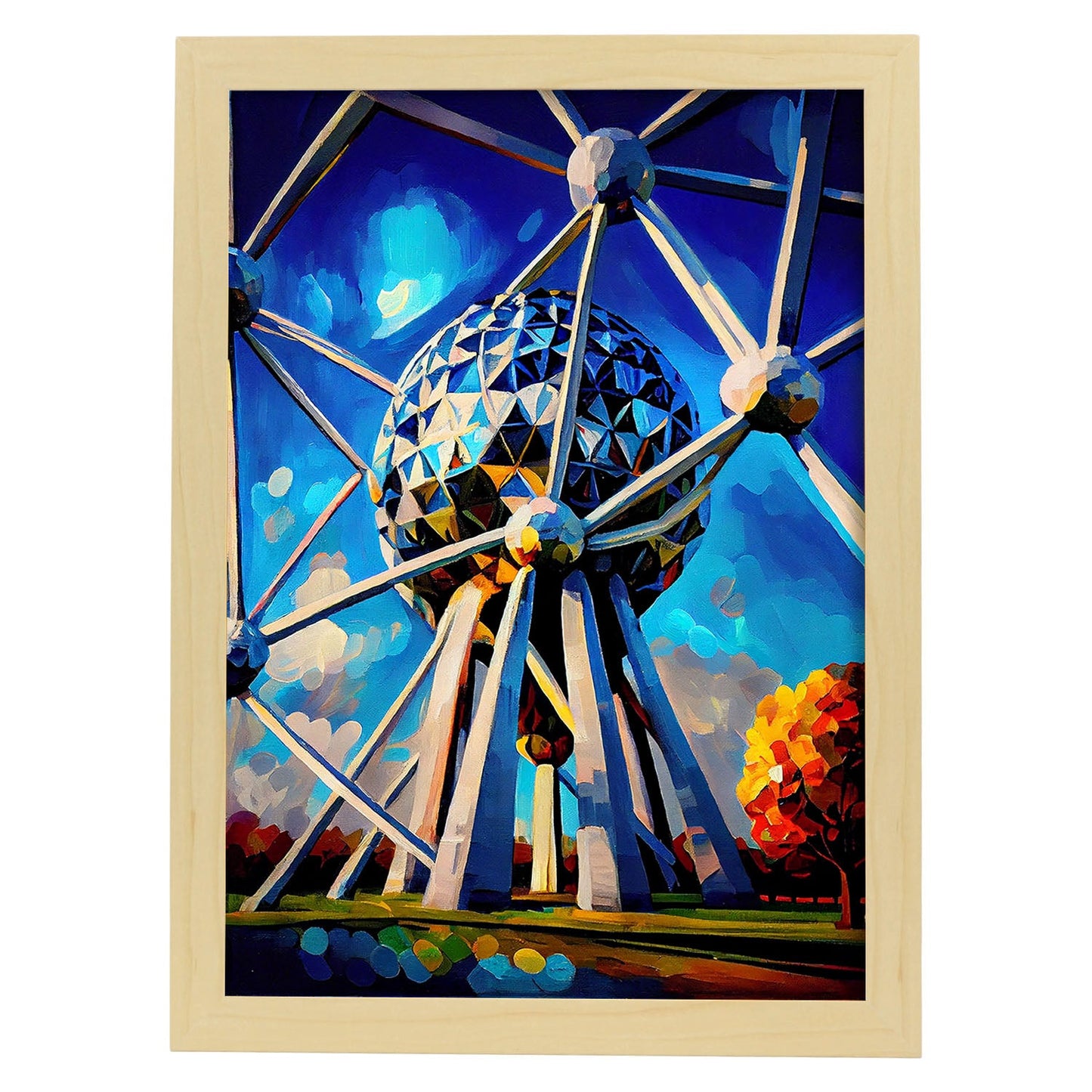 Atomium nácnico Bruselas Bélgica pincel de pintura al óleo. Estampados de arte de pared estético para el diseño de dormitorio o sala de estar.-Artwork-Nacnic-A4-Marco Madera clara-Nacnic Estudio SL