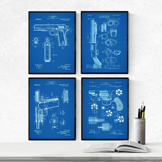 Azul - Pack de 4 Láminas con Patentes de Armas. Set de Posters con inventos y Patentes Antiguas.-Artwork-Nacnic-Nacnic Estudio SL