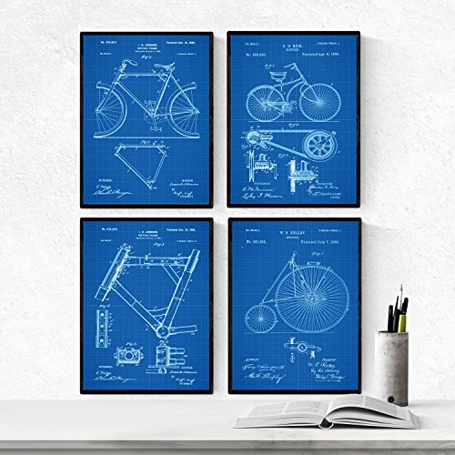 Azul - Pack de 4 láminas con Patentes de Bicicletas. Set de Posters con inventos y Patentes Antiguas-Artwork-Nacnic-Nacnic Estudio SL