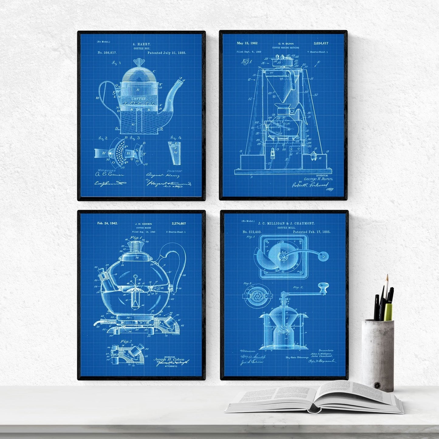 Azul - Pack de 4 Láminas con Patentes de CAFETERAS. Set de Posters con inventos y Patentes Antiguas.-Artwork-Nacnic-Nacnic Estudio SL