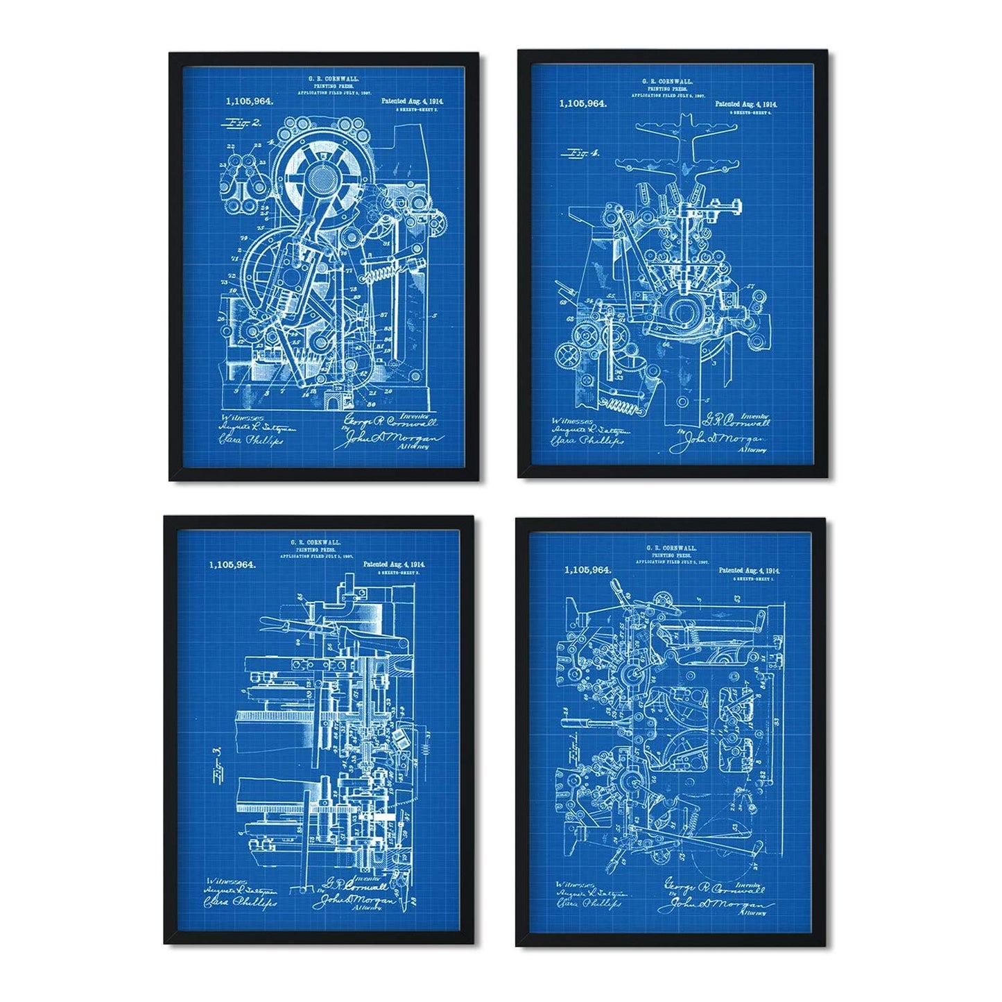 Azul - Pack de 4 Láminas con Patentes de IMPRENTAS. Set de Posters con inventos y Patentes Antiguas.-Artwork-Nacnic-Nacnic Estudio SL