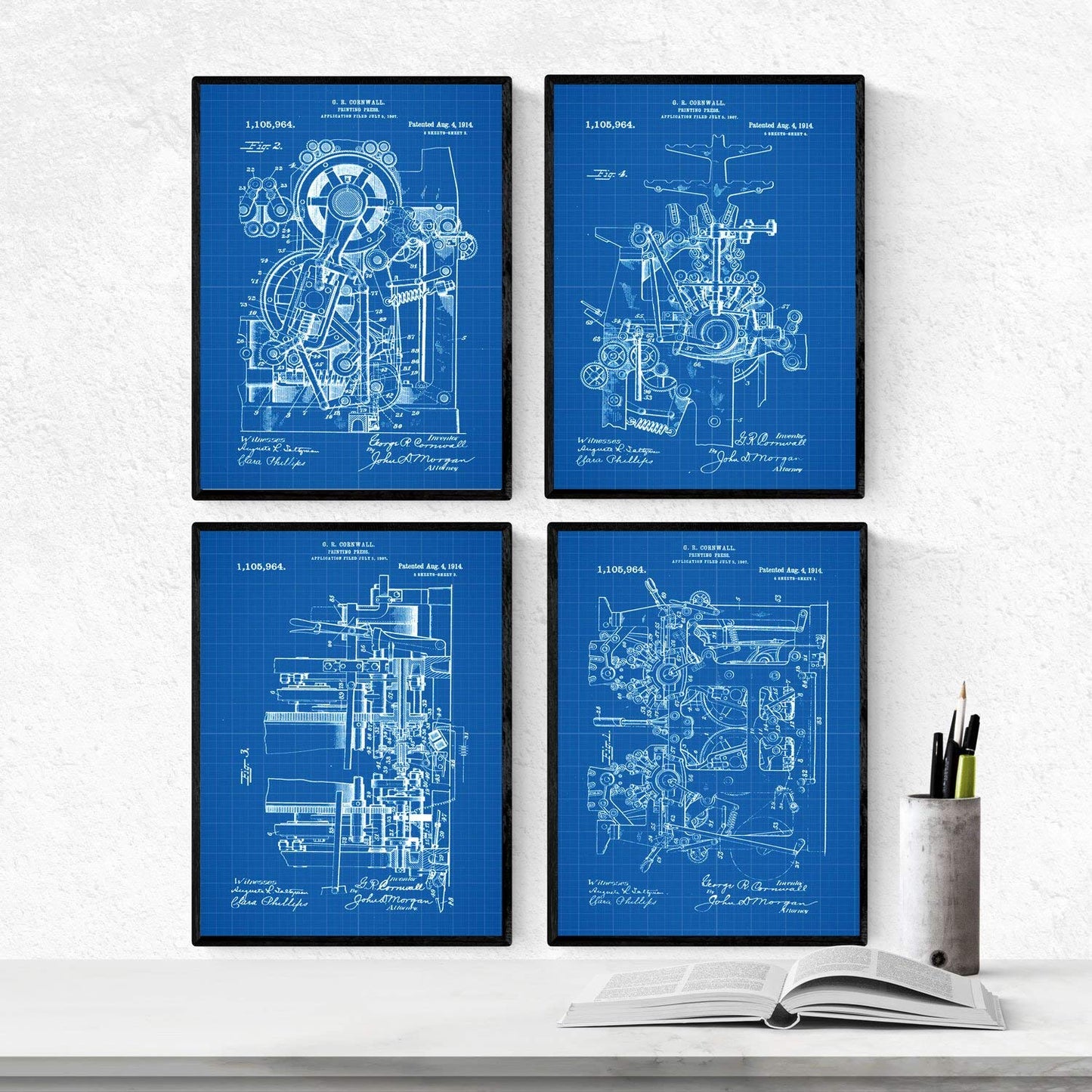 Azul - Pack de 4 Láminas con Patentes de IMPRENTAS. Set de Posters con inventos y Patentes Antiguas.-Artwork-Nacnic-Nacnic Estudio SL