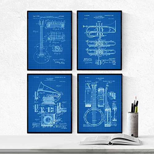 Azul - Pack de 4 Láminas con Patentes de Música. Set de Posters con inventos y Patentes Antiguas.-Artwork-Nacnic-Nacnic Estudio SL