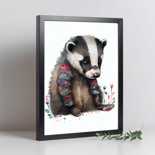 Badger Badger de bebé nacnico sobre fondo blanco sonriendo. Estampados de arte de pared estético para el diseño de dormitorio o sala de estar.-Artwork-Nacnic-Nacnic Estudio SL