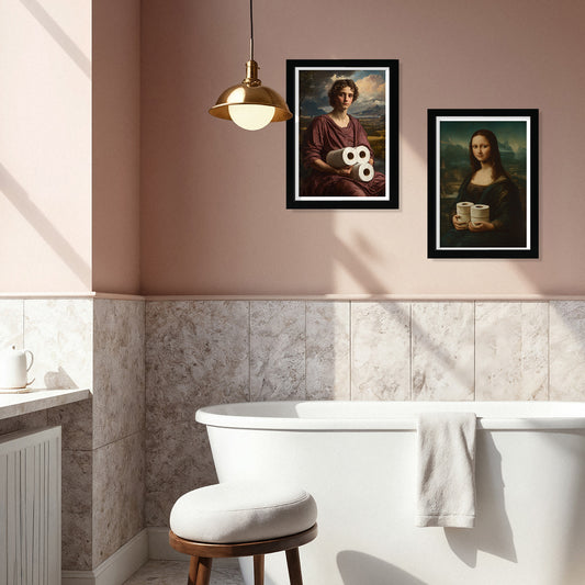 Set de 2 Cuadros Clásicos de Mona Lisa con Papel Higiénico Ilustración Divertida en Estilo Vintage para Decorar, Arte de Pared para Inodoro, Baño, Aseo, WC