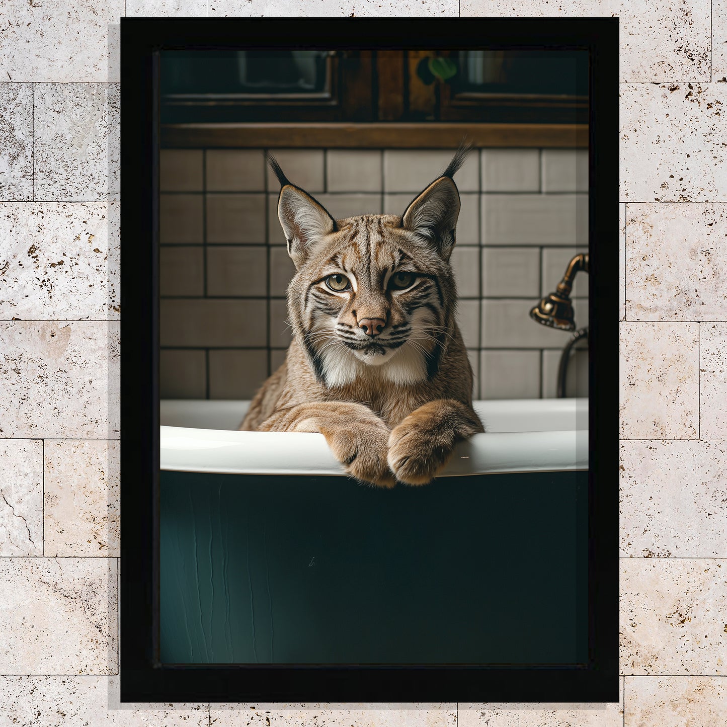 Set de 3 Cuadros de Animales Salvajes en la Bañera, Llama, Perro, Gato Lince Ilustración impresa en estilo fotográfico para decorar las paredes del WC, Ducha, Cuarto de baño, WC