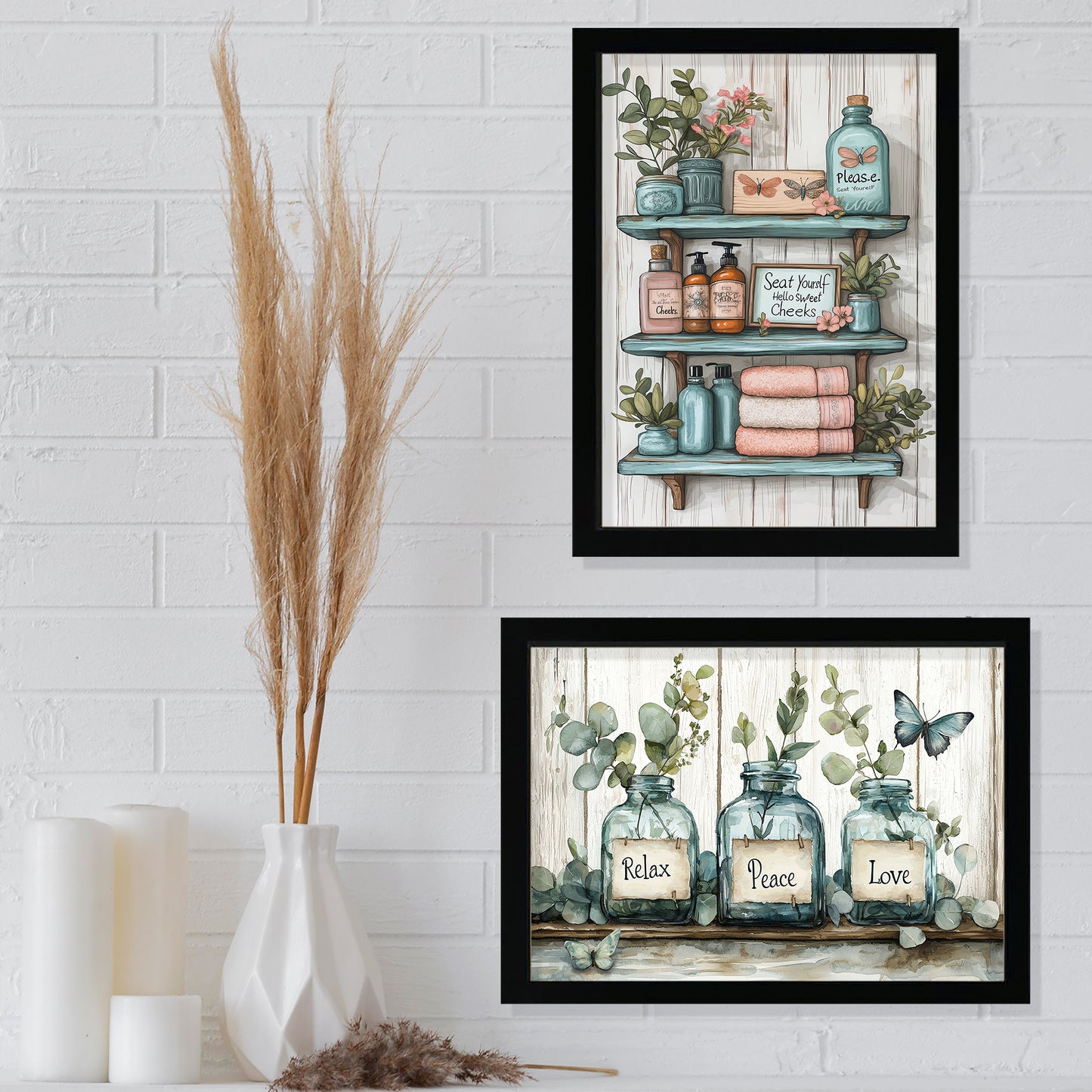 Set de 2 Cuadros de Inodoro con Encanto Impresión Ilustración de Vibraciones Positivas en Estilo Acuarela para Decorar las Paredes del Baño, Ducha, Lavabo, WC