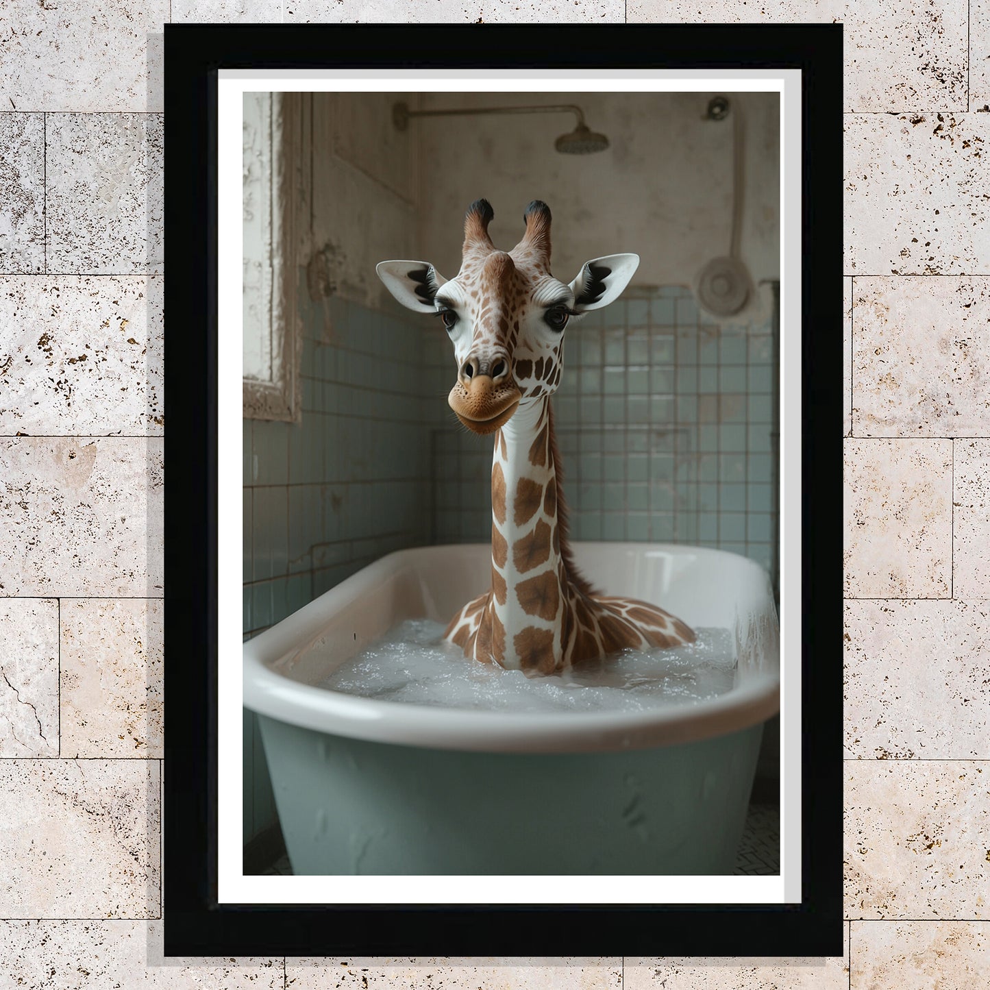 Set de 3 Cuadros Divertidos Animales en la Bañera, Simpático Elefante, Jirafa, Llama Póster con ilustración impresa en estilo fotográfico para decorar las paredes del Inodoro, Ducha, Cuarto de baño, WC