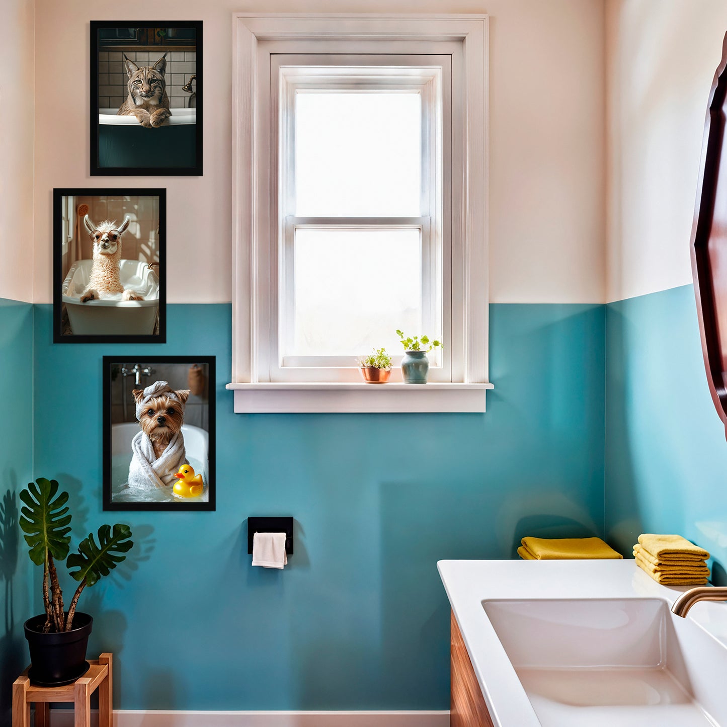 Set de 3 Cuadros de Animales Salvajes en la Bañera, Llama, Perro, Gato Lince Ilustración impresa en estilo fotográfico para decorar las paredes del WC, Ducha, Cuarto de baño, WC
