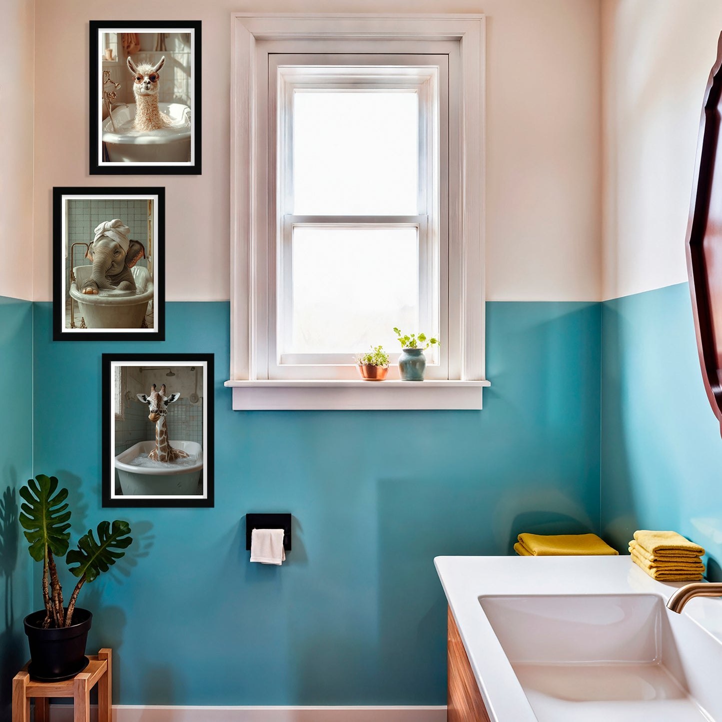 Set de 3 Cuadros Divertidos Animales en la Bañera, Simpático Elefante, Jirafa, Llama Póster con ilustración impresa en estilo fotográfico para decorar las paredes del Inodoro, Ducha, Cuarto de baño, WC