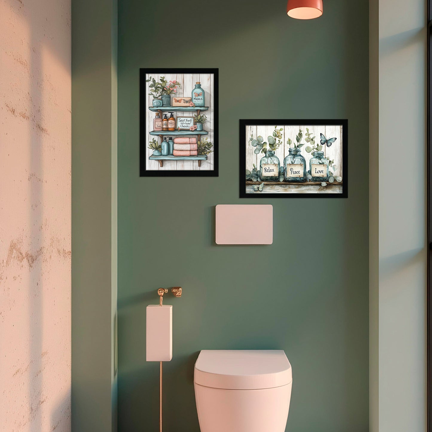 Set de 2 Cuadros de Inodoro con Encanto Impresión Ilustración de Vibraciones Positivas en Estilo Acuarela para Decorar las Paredes del Baño, Ducha, Lavabo, WC