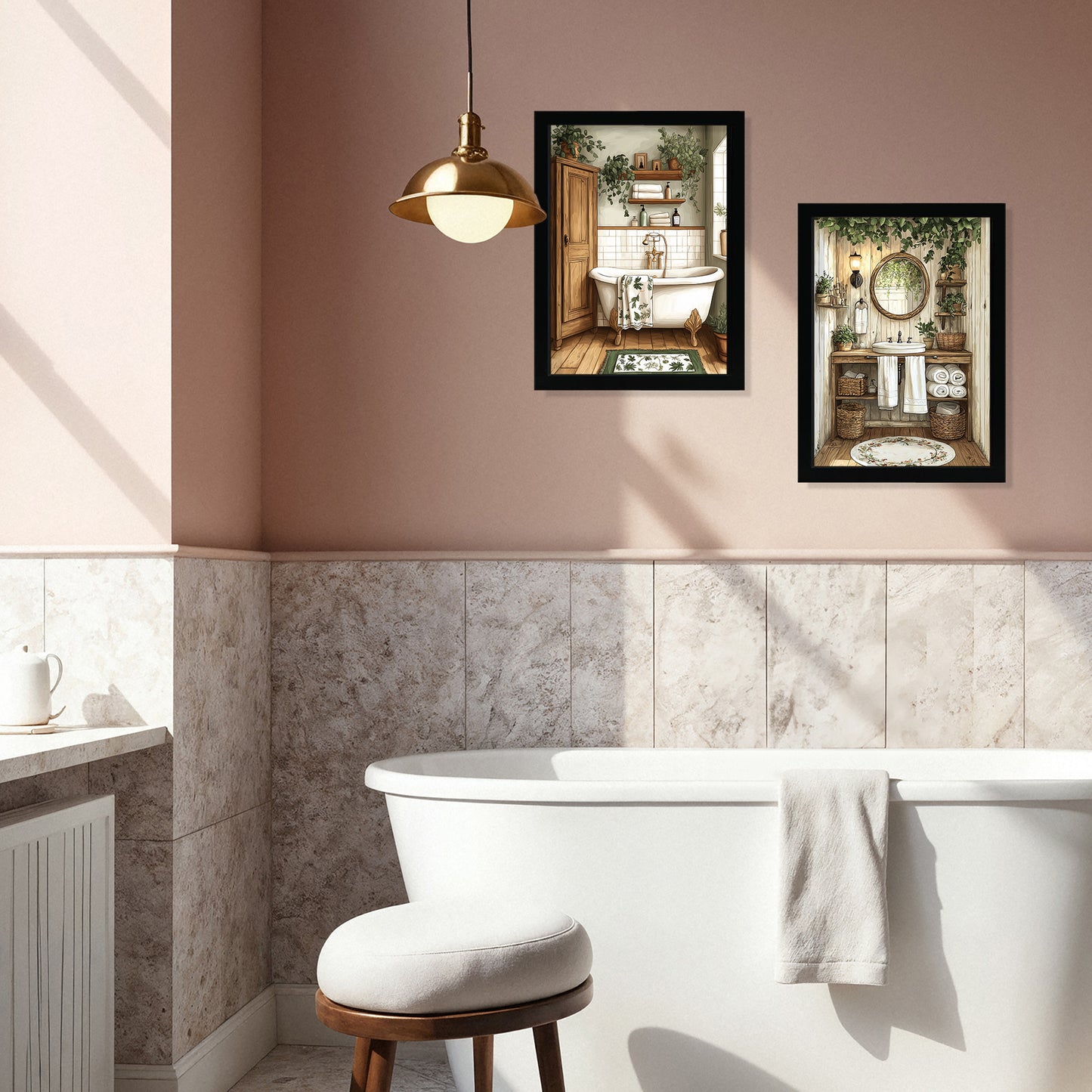 Set de 2 Cuadros de Baño Rústicos con Ilustración Impresa en Estilo Pintura al Óleo Vintage para Decorar, Arte de Pared para Inodoro, Ducha, Baño, WC de Casa de Granja