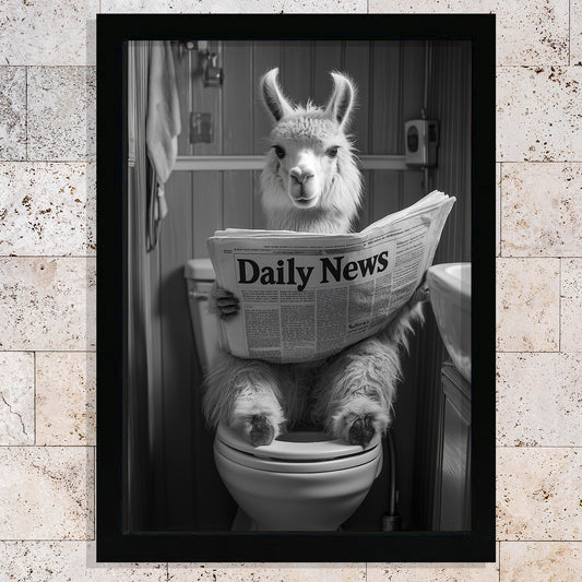 Set de 3 Cuadros Animales Leyendo Periódico En El Inodoro, Gato, Perro, Llama, Póster en Blanco y Negro con Ilustración Impresa en Estilo B/N para Decorar las Paredes del Inodoro, Baño, Lavabo, WC