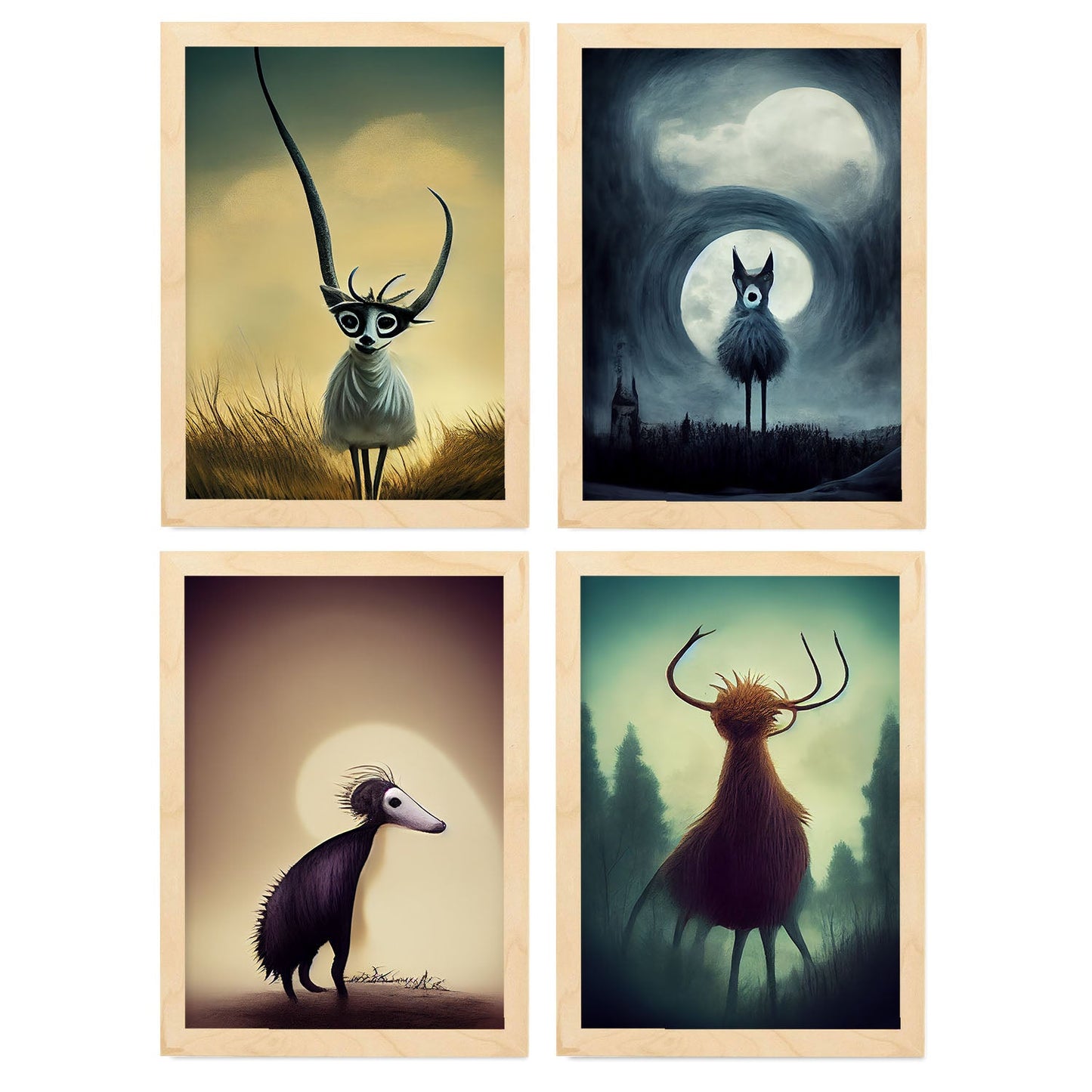 Burton style Animal Illustrations and Posters inspired by Burton's Dark and Goth art Interior Design and Decoration Set Collection 1-Artwork-Nacnic-A4-Marco Madera clara-Nacnic Estudio SL