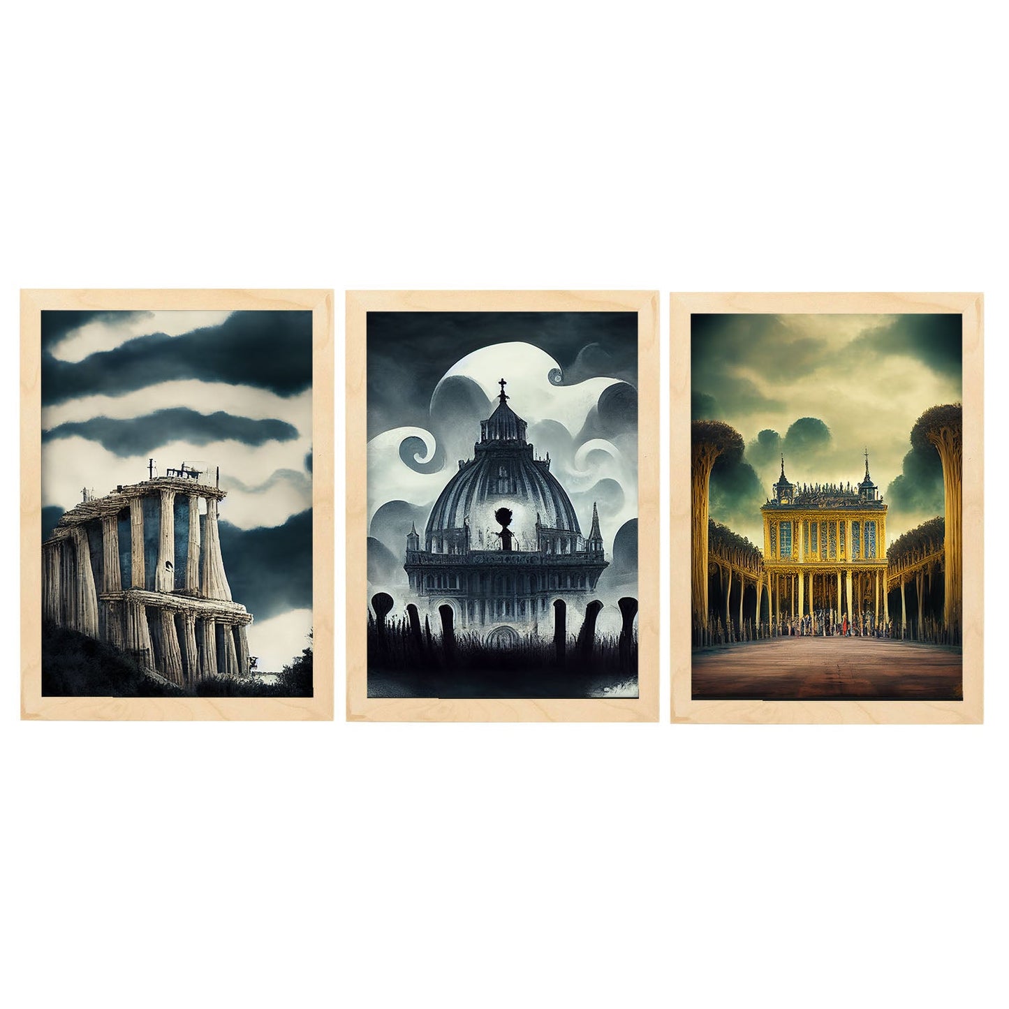 Burton style Illustrations of monuments and cities inspired by Burton's Dark and Goth art Interior Design and Decoration Set Collection 4-Artwork-Nacnic-A4-Marco Madera clara-Nacnic Estudio SL