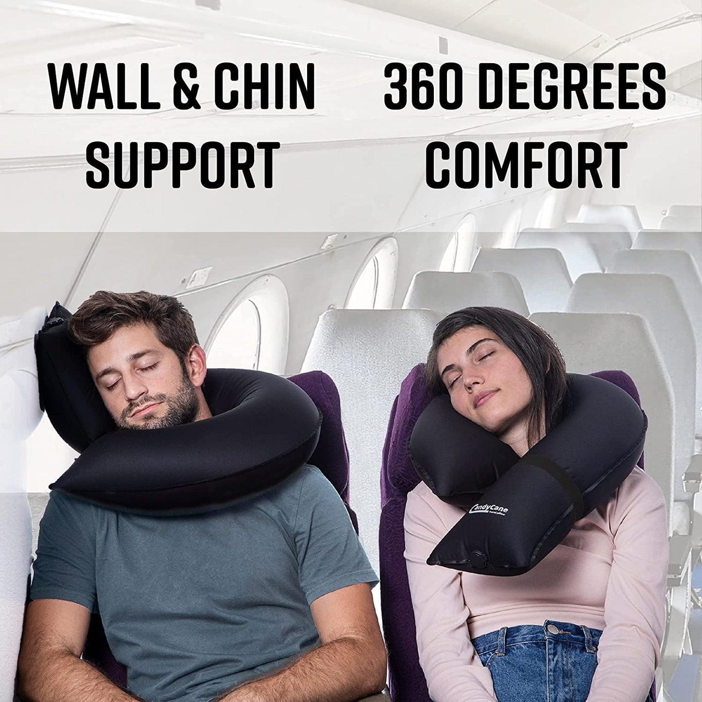 CANDY CANE Almohada de viaje inflable, diseño innovador, soporte de cuello y barbilla para aviones, coche y hogar, bolsa de transporte, lavado a mano (negro)
