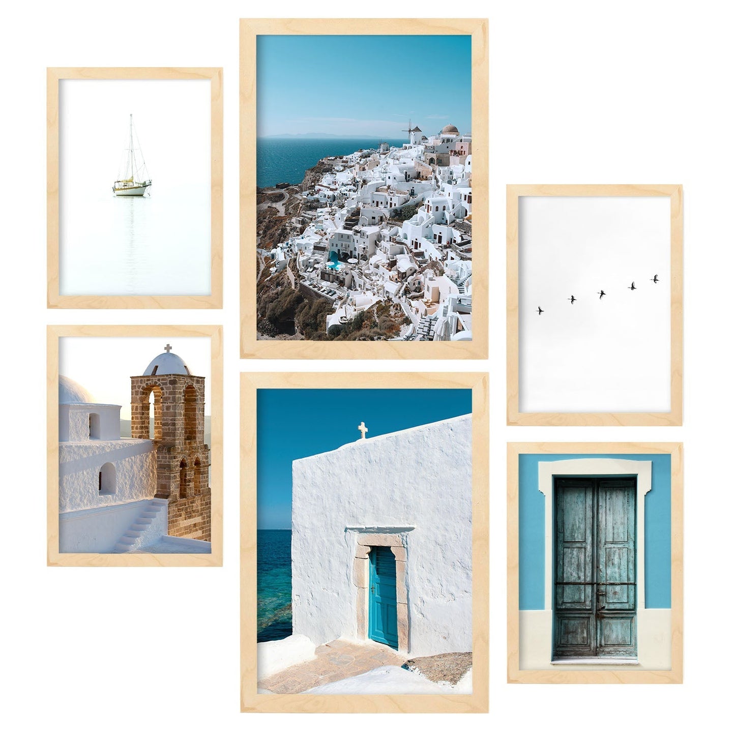 - Conjunto 6 Pósters Fotografía Islas Griegas - Láminas Impresión Arte Mural Verano en Grecia - Decoración Hogar - Tamaños A3 y A4.-Artwork-Nacnic-Marco Madera clara-Nacnic Estudio SL