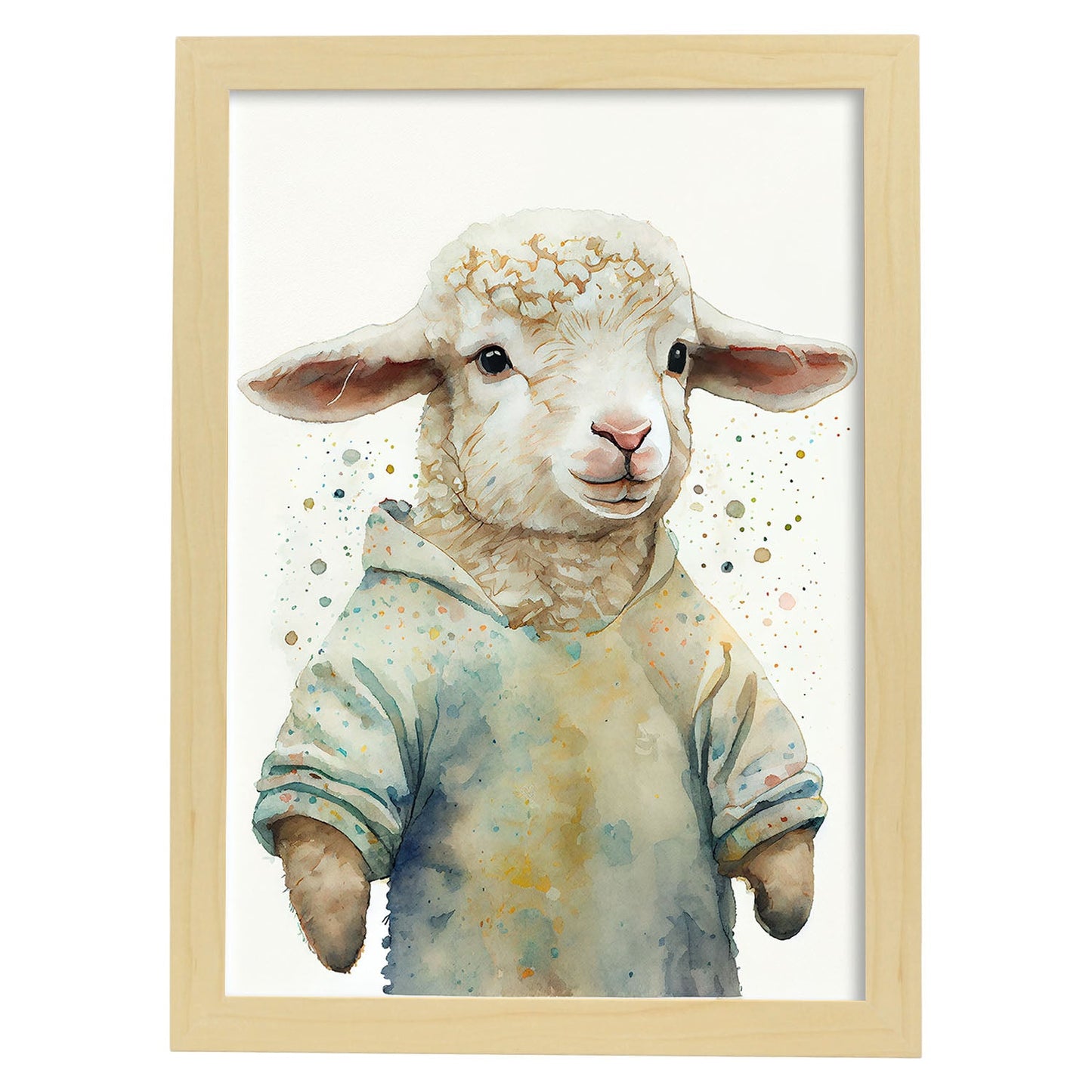 Cordero de bebé nacnico sobre fondo blanco sonriendo con un poco de h. Estampados de arte de pared estético para el diseño de dormitorio o sala de estar.-Artwork-Nacnic-A4-Marco Madera clara-Nacnic Estudio SL