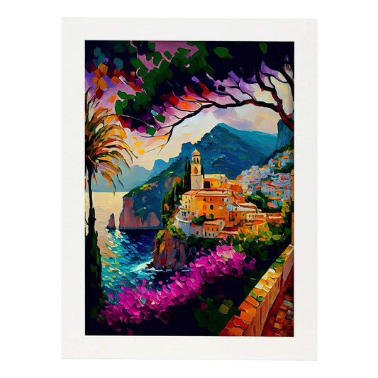 Costa de pintura al óleo de Amalfi Nacnic Amalfi Strokes Colorf. Estampados de arte de pared estético para el diseño de dormitorio o sala de estar.-Artwork-Nacnic-A4-Marco Blanco-Nacnic Estudio SL