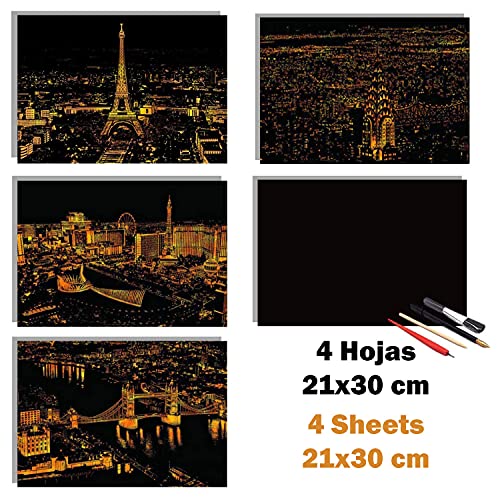 Dibujos para rascar. Paris Londres Las Vegas Nueva York. Láminas con fondo colorido para rascar. Scratch Painting. Manualidad rascar Serie ciudades.Hojas de rascar. Sets de 4 hojas de 21x29.7 cm-Nacnic-Nacnic Estudio SL