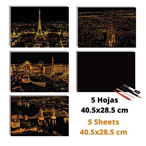 Dibujos para rascar. Paris Londres Las Vegas Nueva York. Láminas con fondo colorido para rascar. Scratch Painting. Manualidad rascar Serie ciudades.Hojas de rascar. Sets de 4 hojas de 40.5*28.5cm-Nacnic-Nacnic Estudio SL