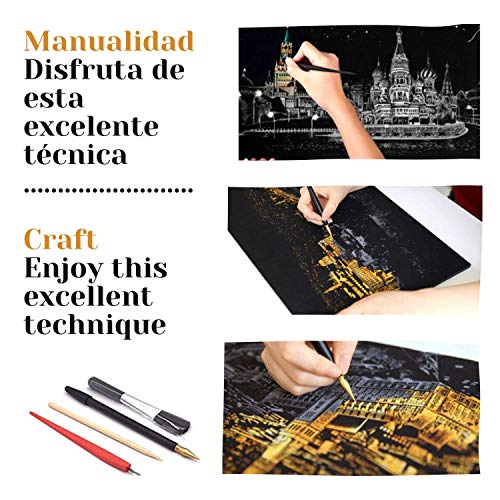 Dibujos para rascar. Paris Londres Las Vegas Nueva York. Láminas con fondo colorido para rascar. Scratch Painting. Manualidad rascar Serie ciudades.Hojas de rascar. Sets de 4 hojas de 40.5*28.5cm-Nacnic-Nacnic Estudio SL