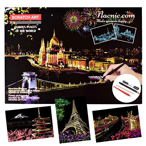 Dibujos para rascar. Torre Eiffel Molinos Holanda Monte Fuji. Láminas con fondo colorido para rascar. Scratch Painting. Manualidad rascar Serie ciudades.Hojas de rascar. Sets de 3 hojas de 40.5*28.5cm-Nacnic-Nacnic Estudio SL