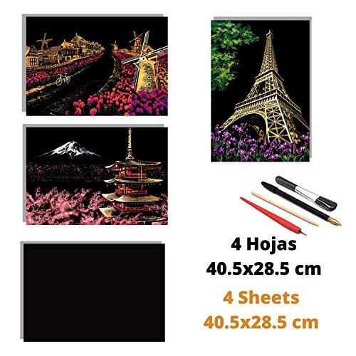 Dibujos para rascar. Torre Eiffel Molinos Holanda Monte Fuji. Láminas con fondo colorido para rascar. Scratch Painting. Manualidad rascar Serie ciudades.Hojas de rascar. Sets de 3 hojas de 40.5*28.5cm-Nacnic-Nacnic Estudio SL