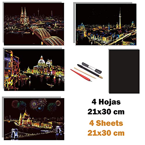 Dibujos para rascar. Venecia Berlin Budapest Colonia. Láminas con fondo colorido para rascar. Scratch Painting. Manualidad rascar Serie ciudades.Hojas de rascar. Sets de 4 hojas de 21x29.7 cm-Nacnic-Nacnic Estudio SL