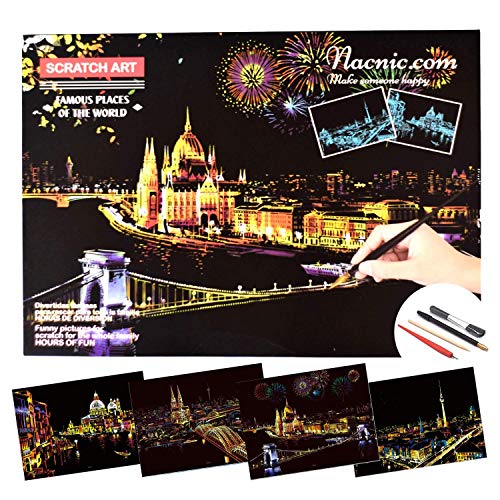 Dibujos para rascar. Venecia Berlin Budapest Colonia. Láminas con fondo colorido para rascar. Scratch Painting. Manualidad rascar Serie ciudades.Hojas de rascar. Sets de 4 hojas de 40.5*28.5cm-Nacnic-Nacnic Estudio SL