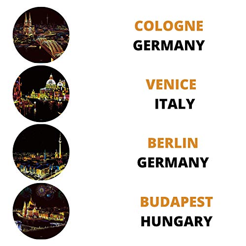 Dibujos para rascar. Venecia Berlin Budapest Colonia. Láminas con fondo colorido para rascar. Scratch Painting. Manualidad rascar Serie ciudades.Hojas de rascar. Sets de 4 hojas de 40.5*28.5cm-Nacnic-Nacnic Estudio SL