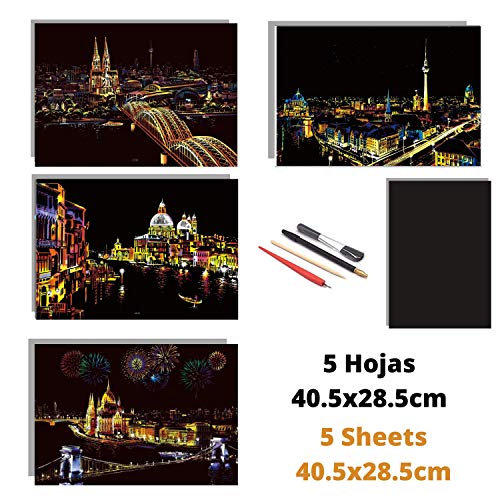 Dibujos para rascar. Venecia Berlin Budapest Colonia. Láminas con fondo colorido para rascar. Scratch Painting. Manualidad rascar Serie ciudades.Hojas de rascar. Sets de 4 hojas de 40.5*28.5cm-Nacnic-Nacnic Estudio SL