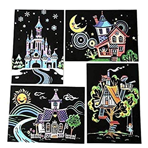 Dibujos para rascar.Casas infantiles. Láminas con fondo colorido para rascar. Scratch Painting. Manualidad para rascar Serie ciudades.Hojas de rascar. Sets de 4 hojas de 20x14 cm.-Nacnic-Nacnic Estudio SL
