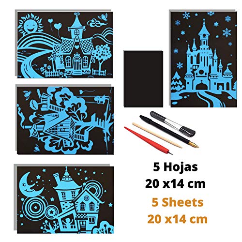 Dibujos para rascar.Casas infantiles. Láminas con fondo colorido para rascar. Scratch Painting. Manualidad para rascar Serie ciudades.Hojas de rascar. Sets de 4 hojas de 20x14 cm.-Nacnic-Nacnic Estudio SL