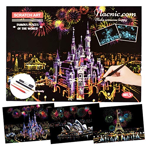 Dibujos para rascar.Castillo Disney Sydney Paris . Láminas con fondo colorido para rascar. Scratch Painting. Manualidad para rascar Serie ciudades.Hojas de rascar. Sets de 3 hojas de 40.5*28.5cm-Nacnic-Nacnic Estudio SL