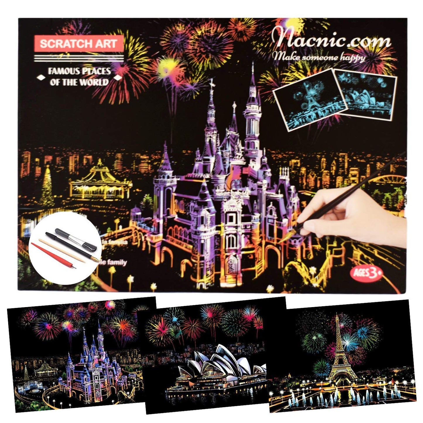 Dibujos para rascar.Castillo Disney Sydney Paris . Láminas con fondo colorido para rascar. Scratch Painting. Manualidad para rascar Serie ciudades.Hojas de rascar. Sets de 3 hojas de 21x29.7 cm-Nacnic-Nacnic Estudio SL