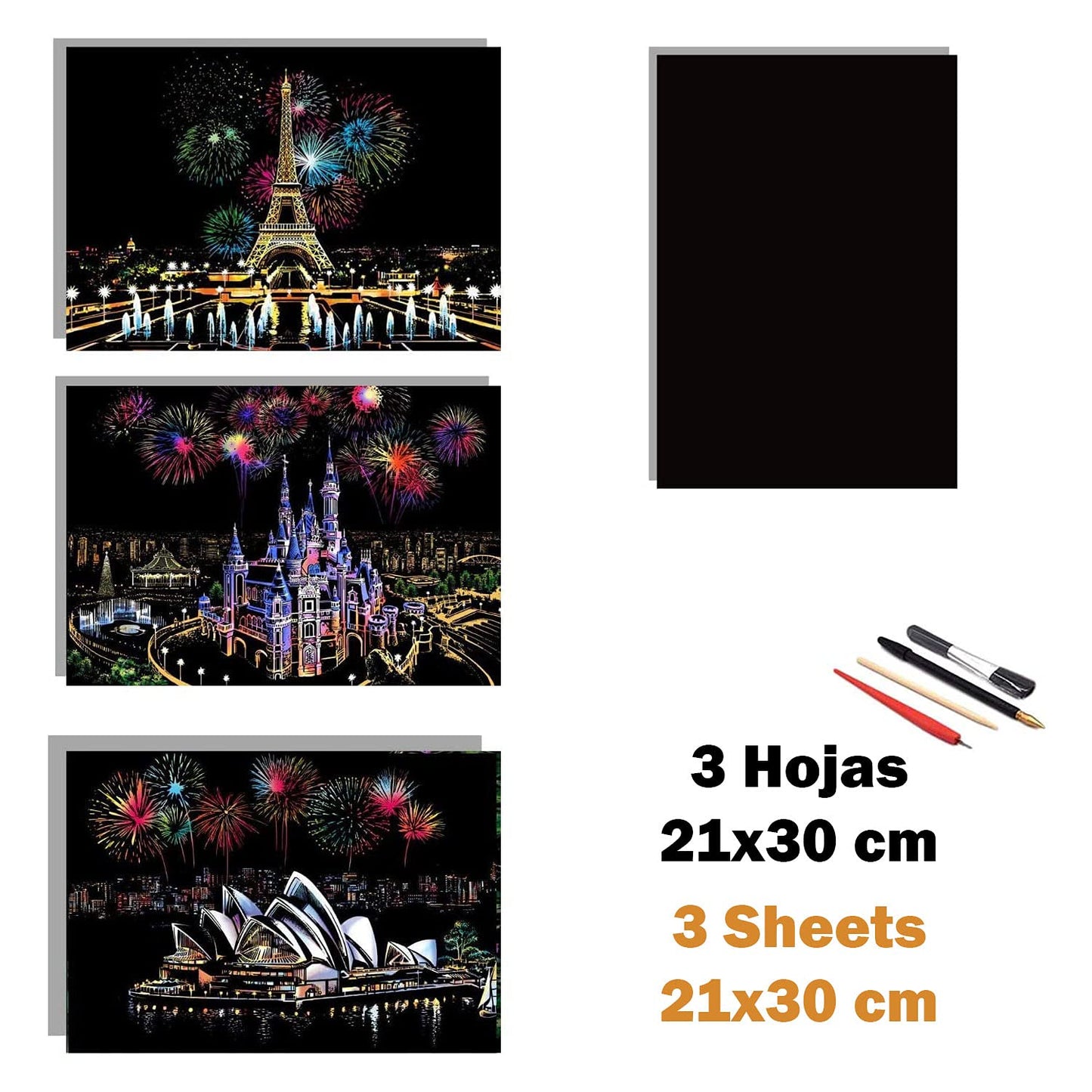 Dibujos para rascar.Castillo Disney Sydney Paris . Láminas con fondo colorido para rascar. Scratch Painting. Manualidad para rascar Serie ciudades.Hojas de rascar. Sets de 3 hojas de 21x29.7 cm-Nacnic-Nacnic Estudio SL