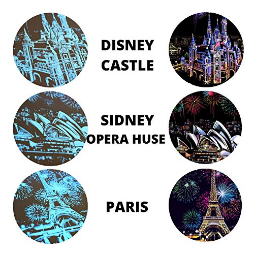 Dibujos para rascar.Castillo Disney Sydney Paris . Láminas con fondo colorido para rascar. Scratch Painting. Manualidad para rascar Serie ciudades.Hojas de rascar. Sets de 3 hojas de 40.5*28.5cm-Nacnic-Nacnic Estudio SL